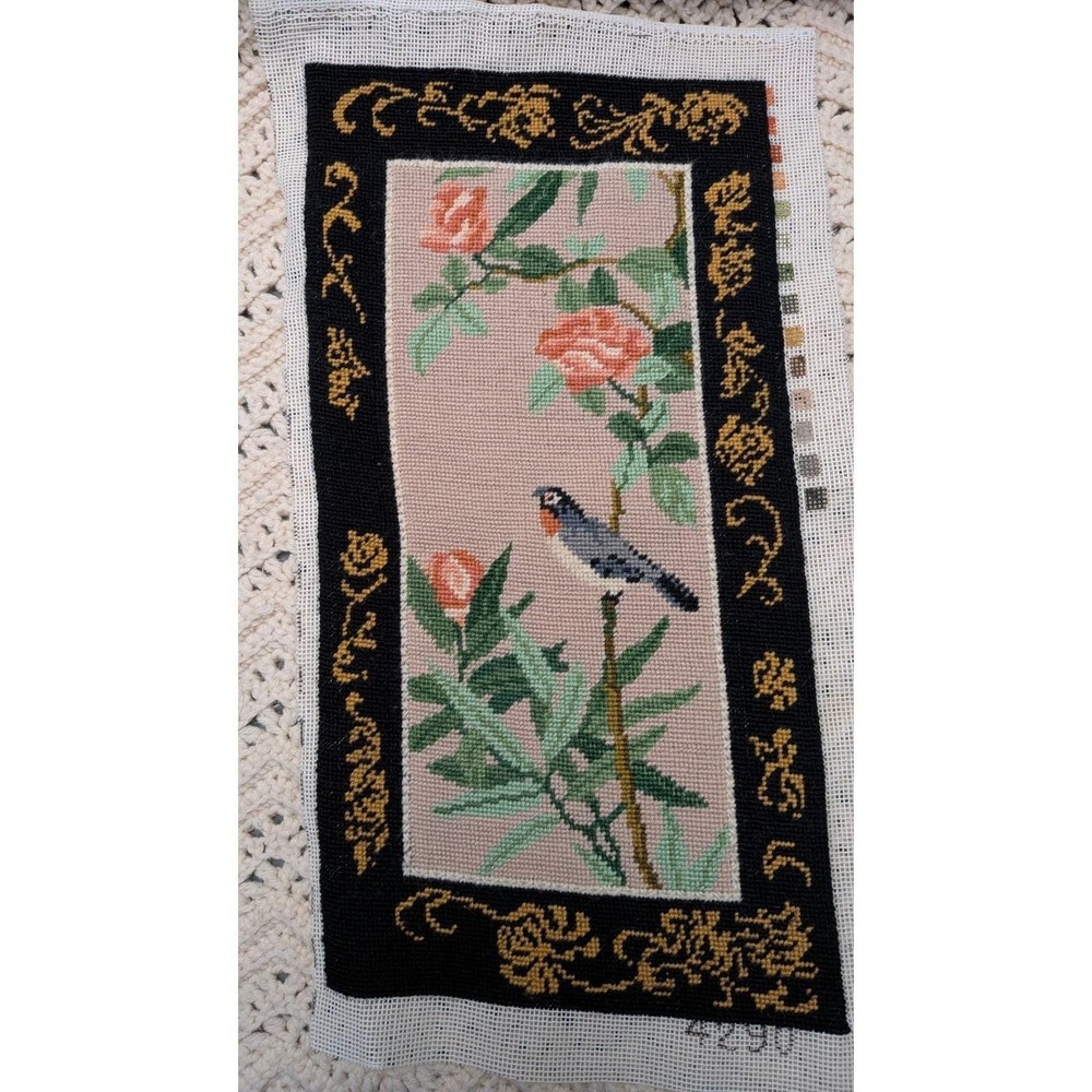Vintage Completed Needlepoint Crewel‎ Nightingale Roses Pure Wool Yarn Unframed